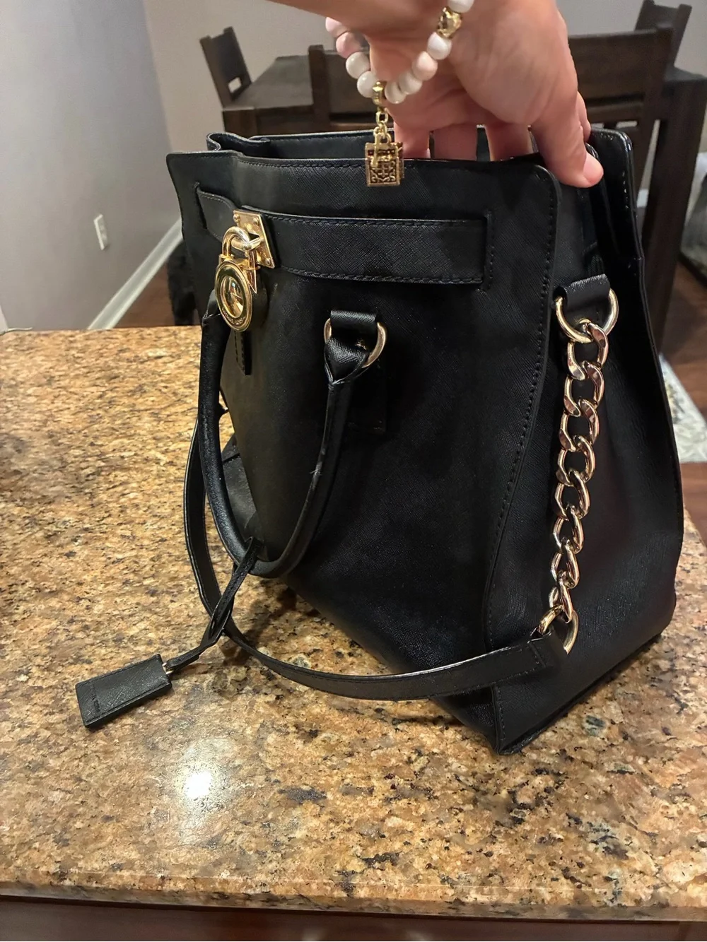 Michael Kors Black Leather Satchel with Gold Lock Detail